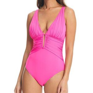 Bleu by Rod Beattie Hot Pink Plunge One-Piece Swimsuit, Molded-Cup SIZE 14